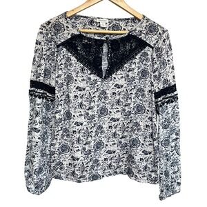 Sundance Floral Print Blouse‎ Womens M Blue Lace Trim Boho Toile Travel Relaxed